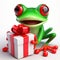 comical 3d image of a cute happy red eyed tree frog at christmas