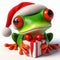 comical 3d image of a cute happy red eyed tree frog at christmas