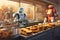 Comical illustration features animated robotic arms assembling sandwiches in a fast-food setting. AI Generated