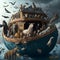 comical image of a whimsical Noah\\\'s Ark overflowing with animals and surrounded by a sea of rising floodwaters.