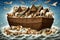 comical image of a whimsical Noah\\\'s Ark overflowing with animals and surrounded by a sea of rising floodwaters.