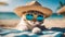A comical kitten wearing a pair of oversized sunglasses and a straw hat, lounging on a beach towel