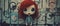 Comical mugshot pose of a strange toy doll with red hair against urban graffiti wall art - generative AI