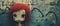 Comical mugshot pose of a strange toy doll with red hair against urban graffiti wall art - generative AI