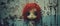 Comical mugshot pose of a strange toy doll with red hair against urban graffiti wall art - generative AI