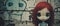 Comical mugshot pose of a strange toy doll with red hair against urban graffiti wall art - generative AI