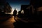 Coming Home. Silhouette of a soldier standing in front of a house