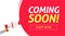 Coming soon banner vector poster on loud shout megaphone and bubble speech announcement flat cartoon illustration, new