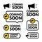 Coming soon sign set with announcement megaphone. Vector flat illustration on white background