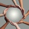 Coming together to form one. Cropped shot of a group of hands linking together to form a circle against a grey