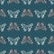 Comma butterfly vector seamless pattern background. Teal Backdrop with flying butterflies, alternating pink white. Open