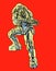 Commando in armor suit with large rifle. Vector illustration.