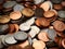 Commemorative coins. Pile of Golden coin, silver coin, copper coin, quarters, nickels, dimes, pennies, fifty cent piece and dollar