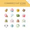 Commerce. Store, tag, wallet, pay, label, money, location and call center group. Color icon set. Flat vector illustration