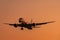 Commercial airline. Passenger plane landing at airport with beautiful sunset sky and clouds. Arrival flight. Airplane flying for l