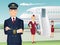 Commercial Airlines Pilot and Flight attendants with the background of airplane