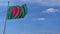 Commercial airplane landing behind waving Bangladeshi flag. Travel to Bangladesh conceptual animation