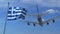 Commercial airplane landing behind waving Greek flag. Travel to Greece conceptual 3D rendering