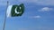 Commercial airplane landing behind waving Pakistani flag. Travel to Pakistan conceptual animation