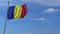 Commercial airplane landing behind waving Romanian flag. Travel to Romania conceptual animation