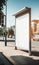 Commercial Cityscape - Vertical White Billboard on Bus Stop on a Sunny Summer Day - Model in Urban Setting...Vertical White Poster