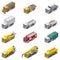 Commercial, construction, and service trucks isometric icon set