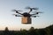 Commercial drone carries delivery parcel through clear sky