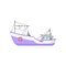 Commercial fishing boat with trawling gear and lifebuoys. Flat vector icon of purple ship. Design for mobile game or