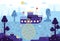 Commercial fishing - a fishing boat with a net full of fish stands by the coast, vector cartoon illustration