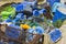 Commercial fishing nets and plastic boxes discarded on the quayside at Warsash on the south coast pf England in Hampshire