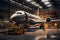 A commercial jetliner parked inside a spacious hangar. AI Generated