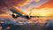 Commercial jetliner in stunning sunset sky with dramatic clouds, representing travel and adventure