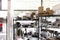 Commercial Kitchen Appliances and Utensils Organized On Storage Shelf