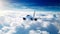 Commercial large passenger jet airplane flying through the clouds in the sky on a clear day. Travel background