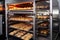 commercial oven with variety of baked goods, including pastries and rolls
