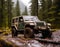 commercial photo of a green jeep in a forest