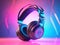 Commercial photography of cyberpunk headphones pastel neon background triadic color grading