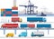 Commercial port with freight train, truck and container ship