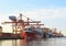 Commercial ship loading container in shipping port image use for