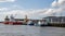 Commercial ships and boats unloading cargo in Great Yarmouth docks