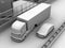 Commercial truck trying change lane and a sedan car on truck`s blind spot position