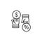 Commission percent dollar hands icon. Element of business motivation line icon