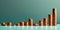 Commodity trading concept. Stacks of copper coins forming a growth chart on a light teal background, studio lighting.