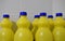 Common bleach bottles in yellow and blue