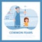 Common children fears poster with text, little girl scared of doctor with syringe, flat vector illustration.