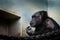 Common chimpanzee, Pan troglodytes Portrait of big iconic mammal kept in ZOO.Moving portrait of sad ape.