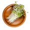 Common flax, linseed microgreens, fresh, green seedlings, in wooden bowl