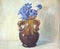 Common hepatica in a vase. Oil painting with blue flowers