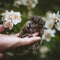 The common marmoset babies in summer garden on human hand