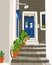 Common South European street, tiny and cozy with a lot of plants, white walls and colorful doors, vector illustration